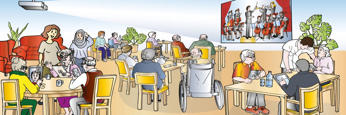 Zukunftsbild wie moderne Technik (Streaming und Tablets ins Altersheim gelangen)
